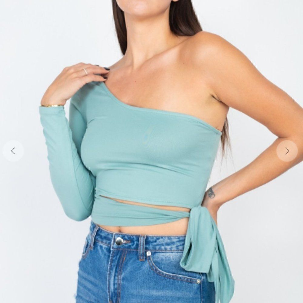 Wrap Around One Shoulder Tie Waist Top  Long Sleeve Trendy Aqua